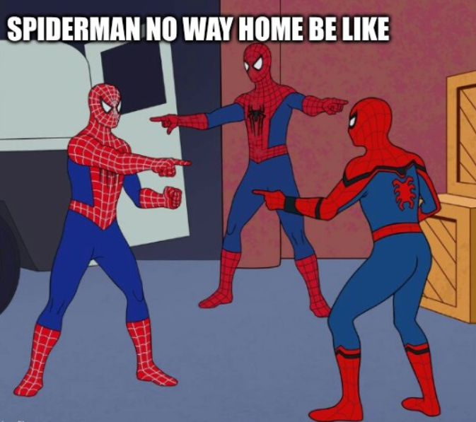 three spiderman pointing meme